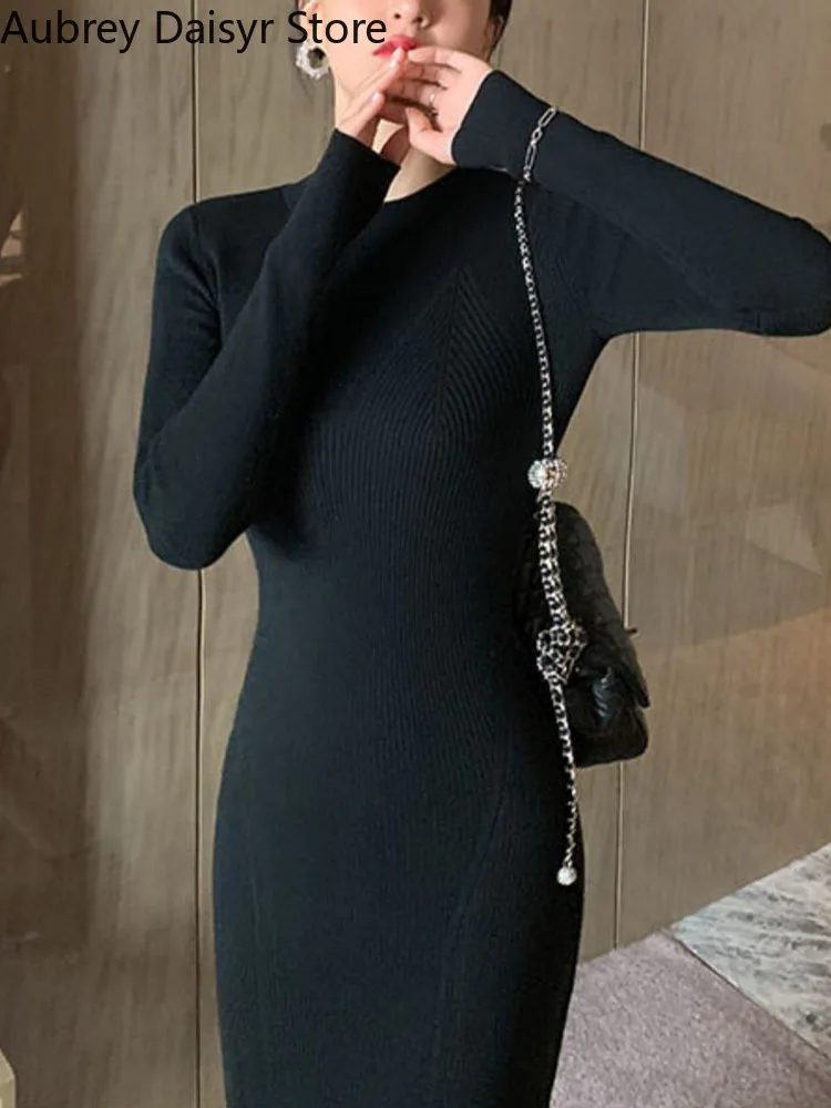 

Elegant Black Knitting Long Dress Women Vintage Slim Chic Split Design Y2k Dress Female Autumn Casual Bodycon Sweater Dress 2022