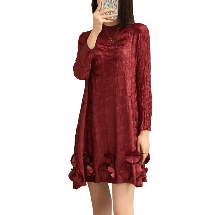 

Miyake Hand-pleated Dress 2023 Autumn Winter New Fashion Loose Large Size Half High Collar Long Sleeve Bespoke Mid-length Skirt