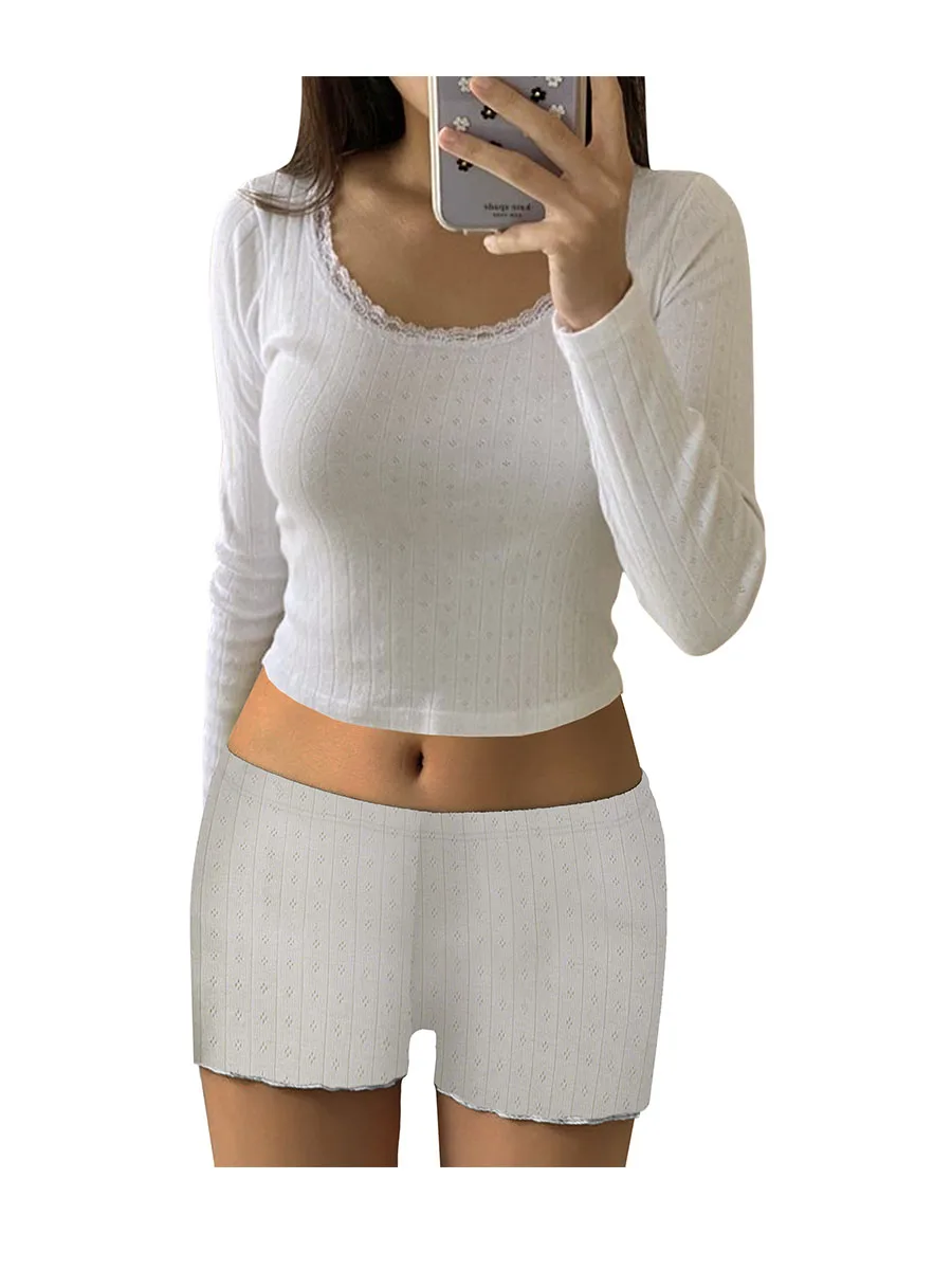 Women 2 Pieces Shorts Set Summer Outfits Pajamas Long Sleeve Lace Trim Slim Fit Crop Tops Pullovers + Shorts Suits Loungewear
Women 2 Pieces Shorts Set Summer Outfits Pajamas Long Sleeve Lace Trim Slim Fit Crop Tops Pullovers + Shorts Suits Loungewear