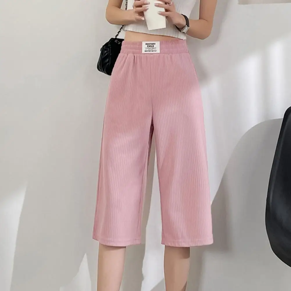

Summer Ice Silk Casual Pants Elastic Waist Pockets Cropped Pants Solid Color Wide Leg Loose Fit Mid-calf Length Pants Streetwear