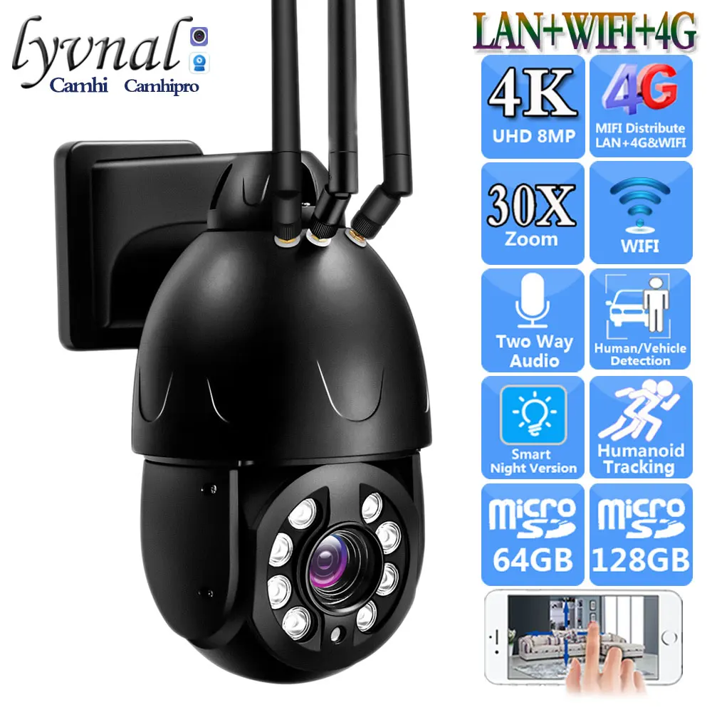 

Sonyimx415 4K 8MP 3G 4G SIM Card Wireless IP Camera Wifi PTZ Dome 30X Zoom Two Way Audio Human Tracking Color Night Vision