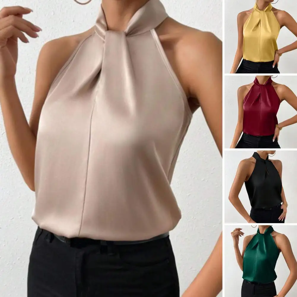 

2024 Women's Tanks Top Camis Hanging Neck Strap Design Satin Gloss Loose Sleeveless Blouses Blusas Mujer Moda Black Sexy Shirt