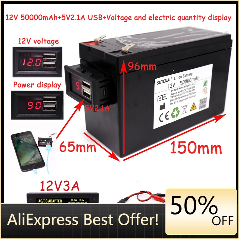 Power and voltage display 12v50a 18650 lithium battery + 5v2.1a USB for solar, children's car and electric vehicle batteries
Power and voltage display 12v50a 18650 lithium battery + 5v2.1a USB for solar, children's car and electric vehicle batteries