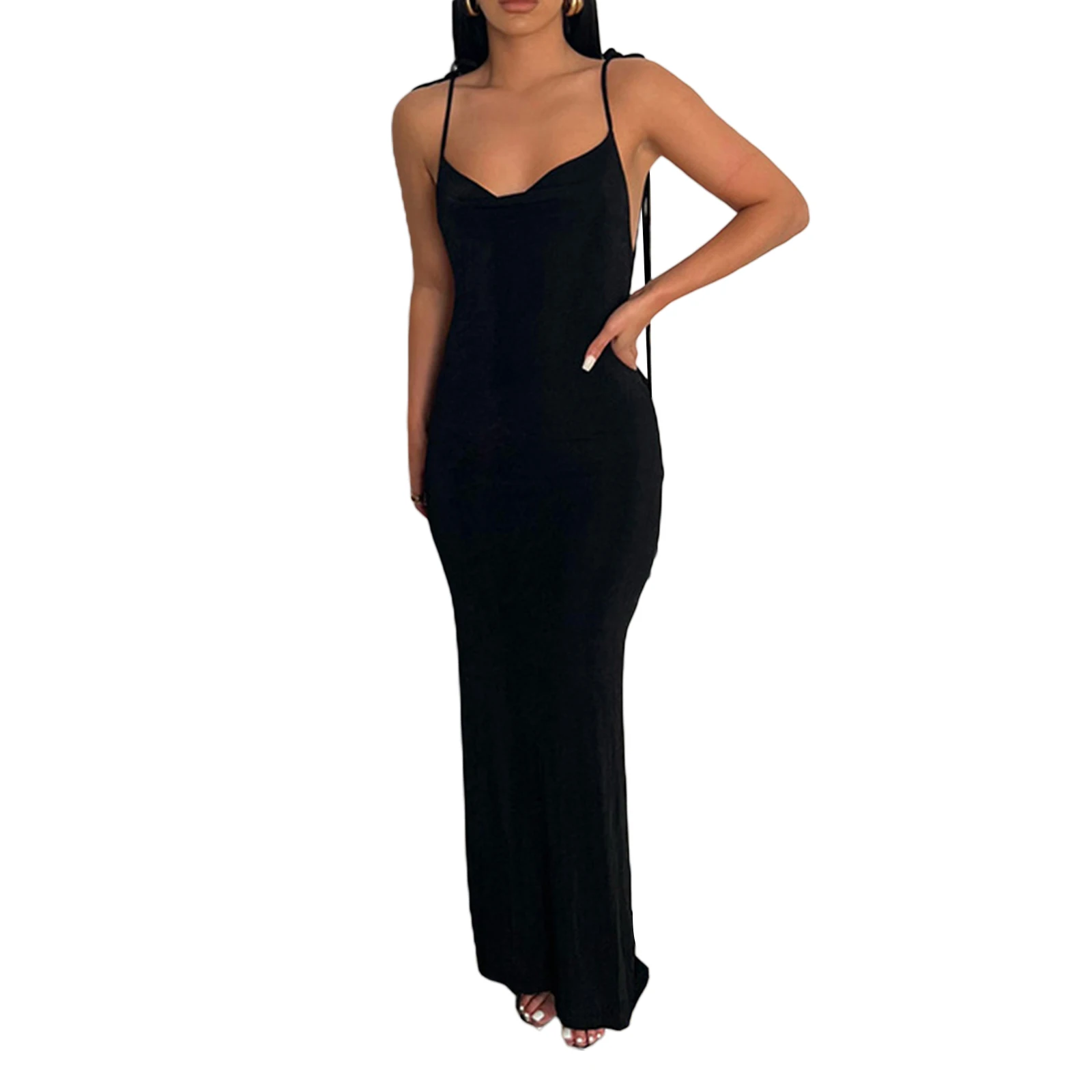 Women Open Back Slip Dress, Solid Color Spaghetti Strap Floor Length Skirt, Black/ Beige/ Blue
Women Open Back Slip Dress, Solid Color Spaghetti Strap Floor Length Skirt, Black/ Beige/ Blue