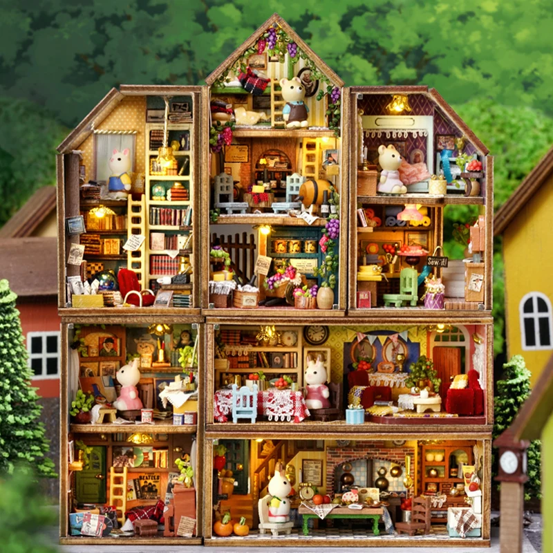 

New Wooden Doll Houses DIY Mini Rabbit Town Casa Miniature Building Kits with Furniture Dollhouse Toys for Girls Birthday Gifts