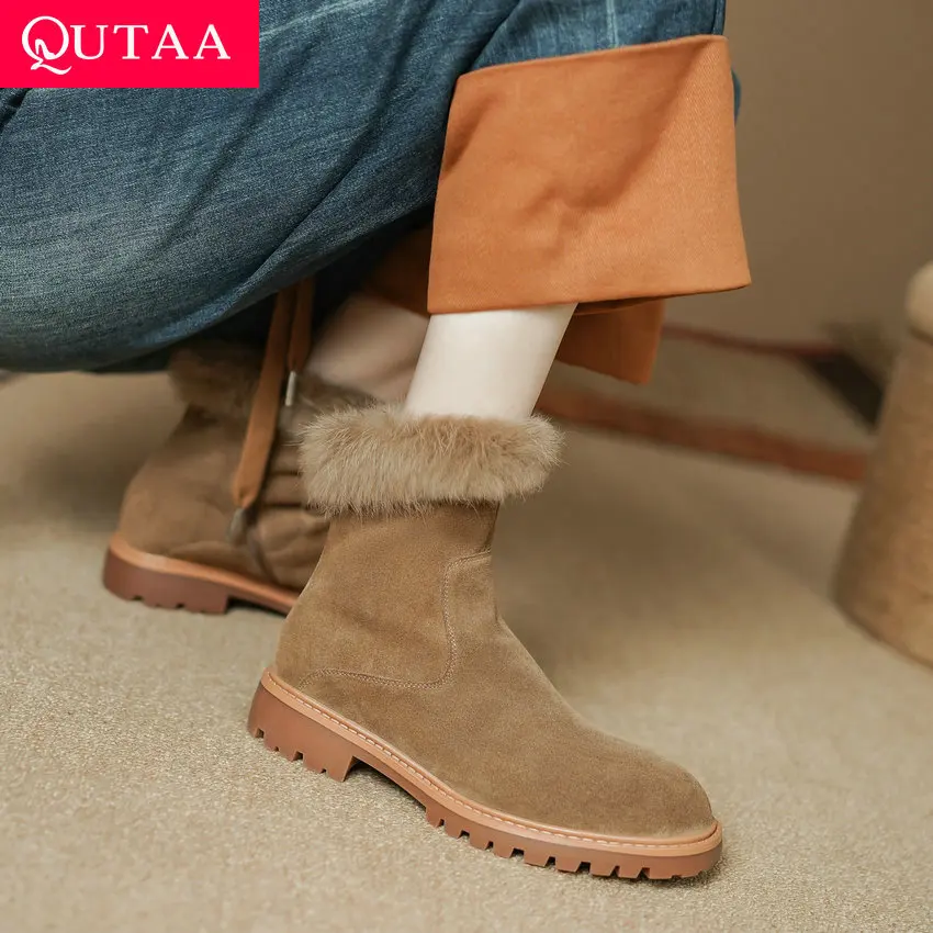 

QUTAA 2024 Women Ankle Boots Winter New Warm Low Heel Shoes Woman Zipper Casual Working Cow Suede Leather Size 34-39