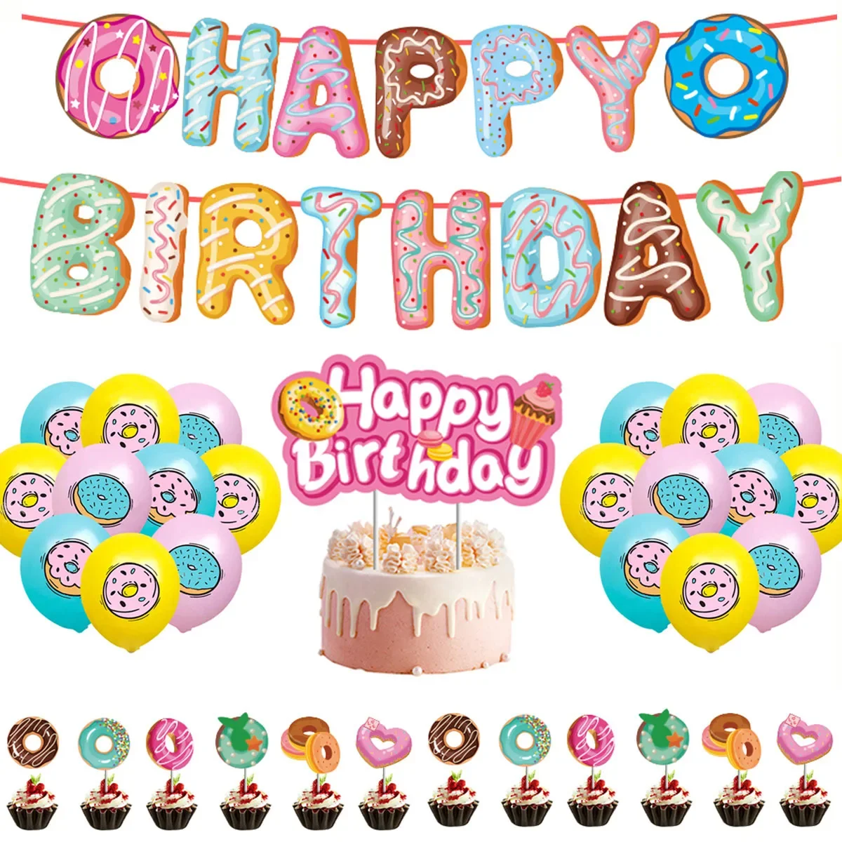 

Donut Theme Birthday Party Decorations Kids Girls Happy Doughnut Birthday Party Decors Donut Banner Cake Toppers Latex Balloon