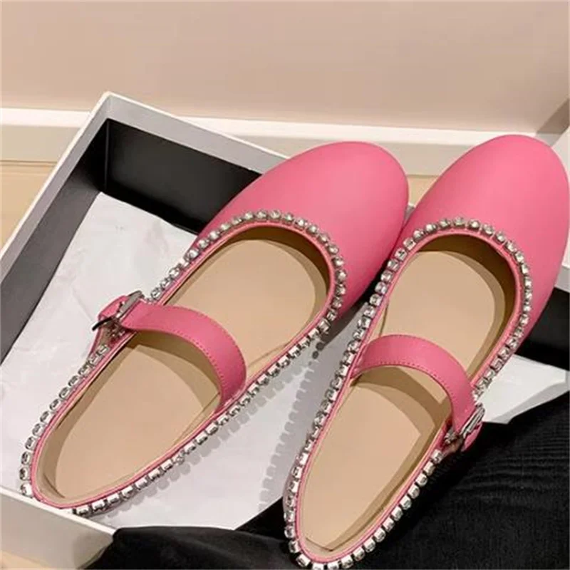 

Rhinestones Shoes for Ladies Round Toes Flat Heels Buckle Female Front Womens Strap Crystal Zapatos Mujer Shallow Chassure Femme