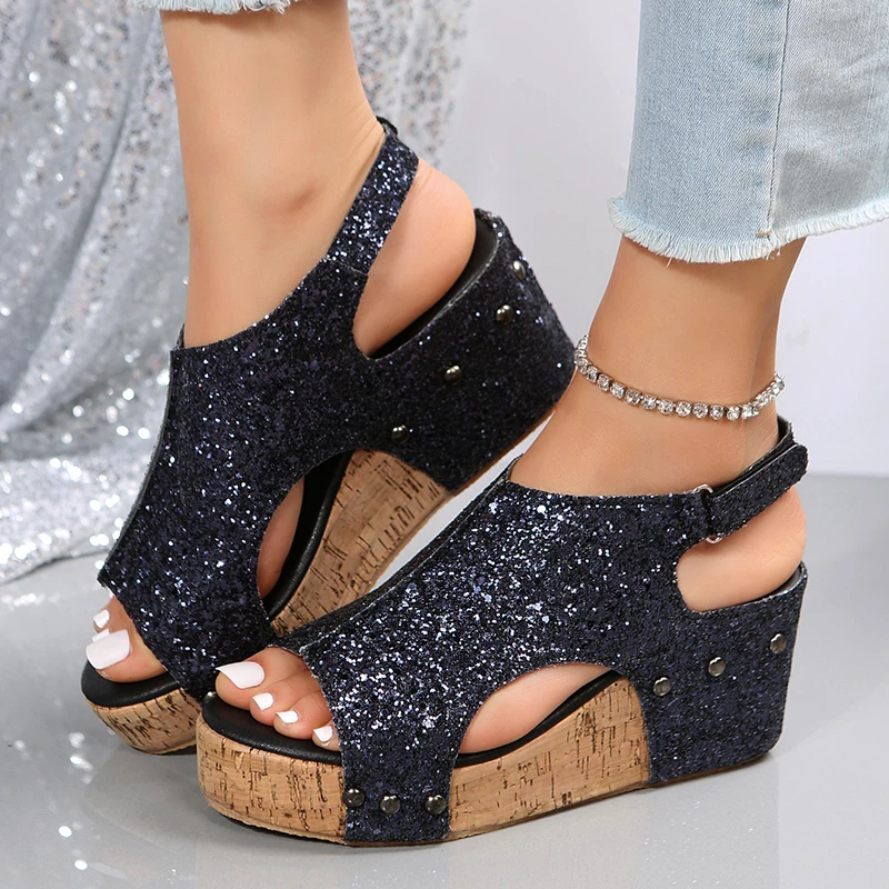 

Bling Leather Sandals Woman Peep Toe Ankle Buckle Wedge Sandalias Female Casual Wood Grain Platform Summer Roman Shoes