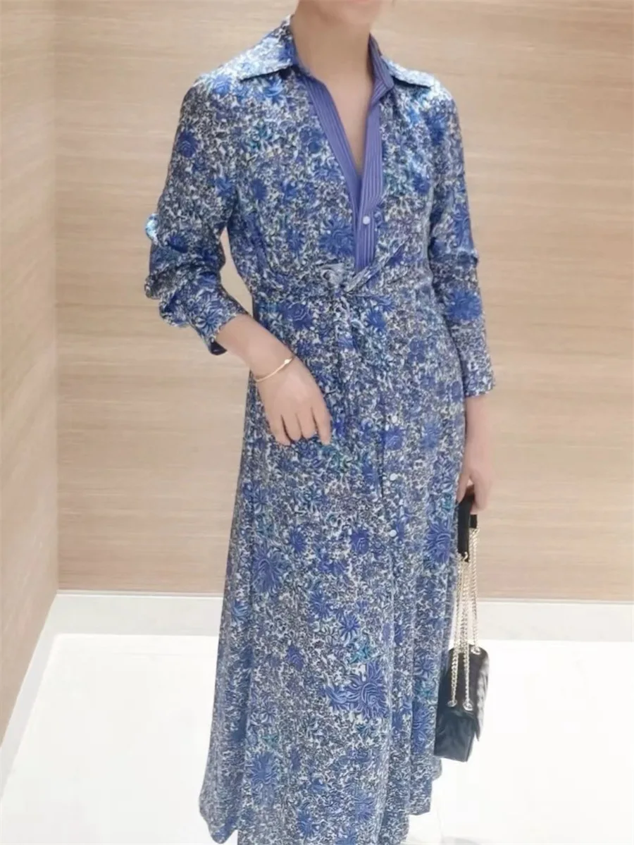 

Женское винтажное платье миди с длинным рукавом, платье с отложным воротником и цветочным принтом, весна 2024
