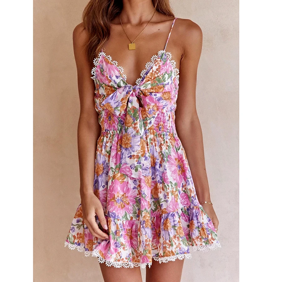 

Gypsylady Floral Printed Strappy Mini Dress Bow Tie Pink Ruffles Sexy Summer Sundress Chic Backless Party Dresses Ladies Vestido