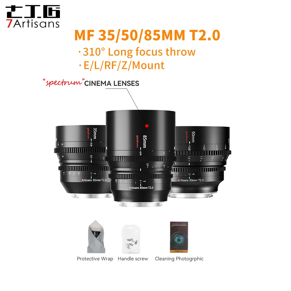 

7artisans 85mm 50mm 30mm T2.0 Full Frame Cinema Spectrum Lenses For Canon EOS-R Sony E FX3 Leica TL SIGMA FP Nikon Z5