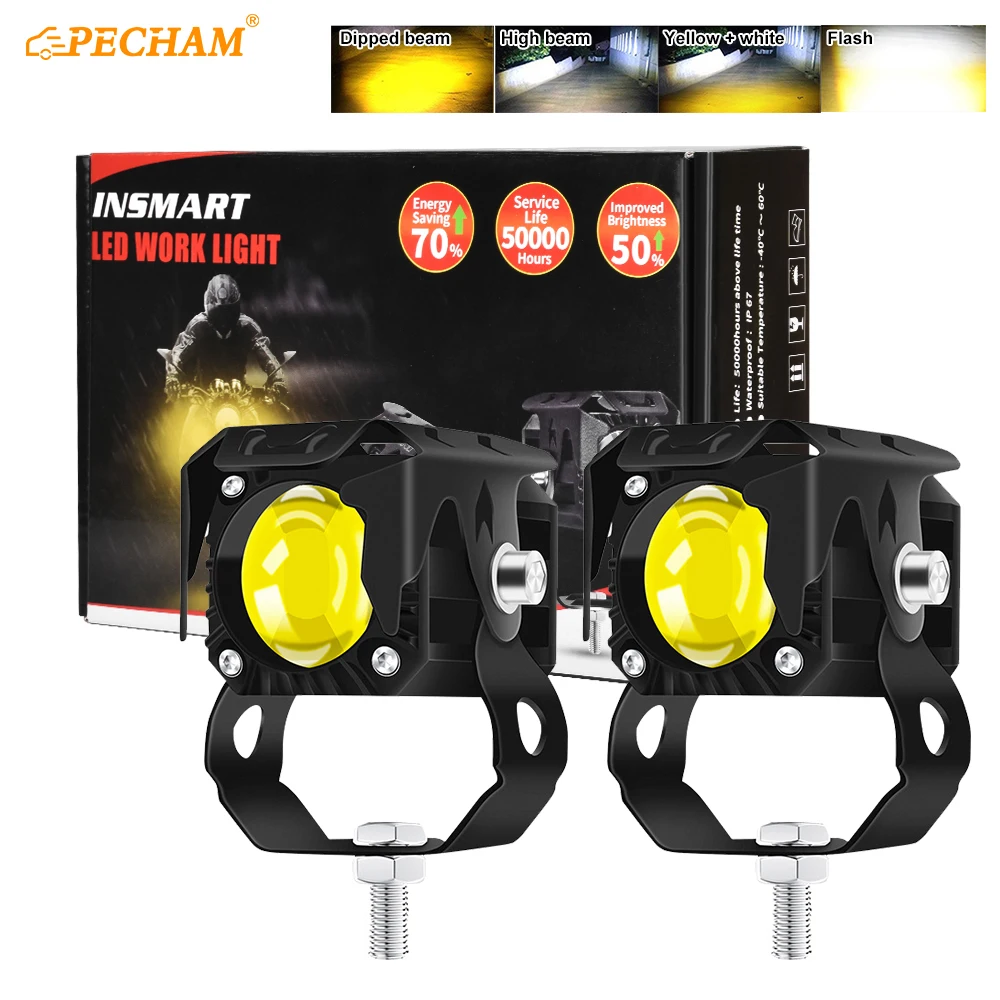 

2PCS Motorcycle LED Fog Light High Low Beam 12W 3000Lm 9V-85V Yellow White Flash Motorcycle Auxiliary Headlight Spotlights