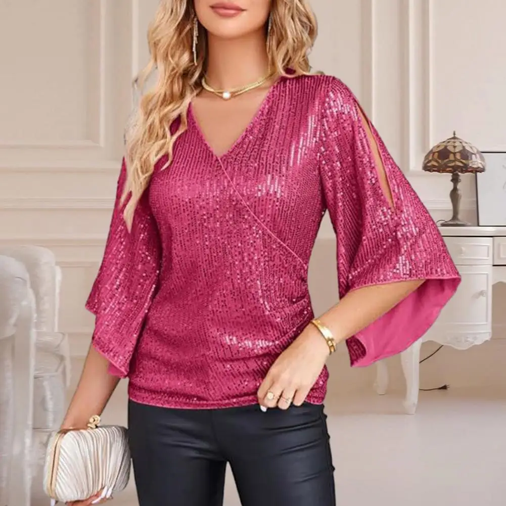 

Spring Sequin Shirt Sequin Hollow Out V Neck Blouse Soft Breathable Lady Commute Prom Top Three Quarter Sleeve Solid Color