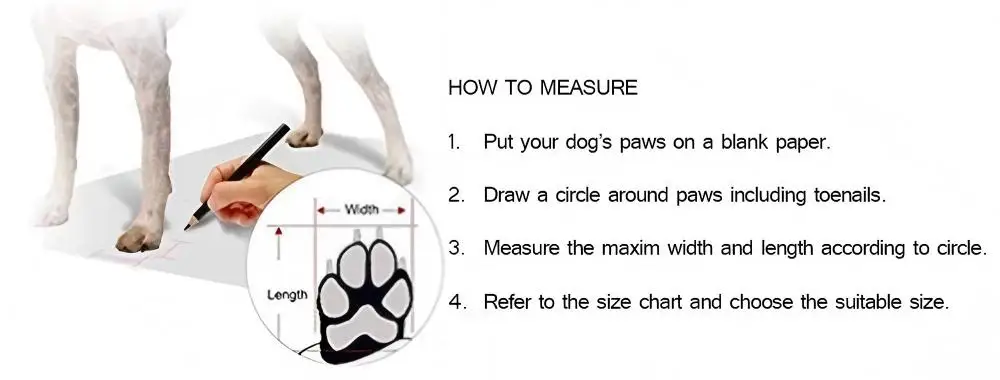 Dog Shoes | Waterproof Anti-Slip Rubber Dog Booties An instructional "How to Measure" infographic. It shows a hand tracing a dog