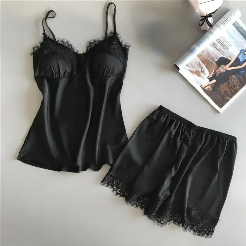 Sexy Lace Pajamas Suit Women V-Neck Sleepwear Lingerie Home Wear Nightwear Summer Casual Suspender Nighties Lounge Sets Clothes 
Sexy Lace Pajamas Suit Women V-Neck Sleepwear Lingerie Home Wear Nightwear Summer Casual Suspender Nighties Lounge Sets Clothes