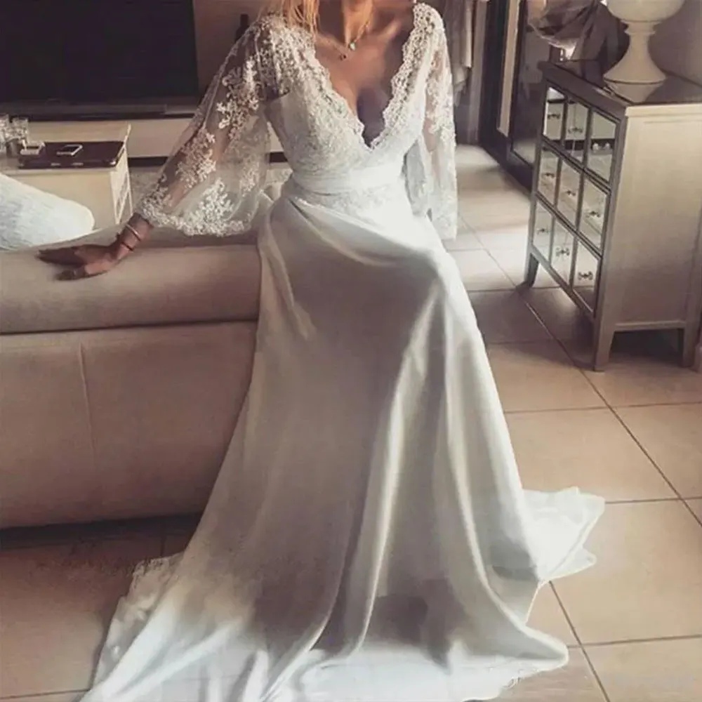 

Charming Chiffon Lace Bohemian Wedding Dress 2024 A Line Plunging V Neck Long Sleeves Vintage Boho Greek Style Beach Country Wed