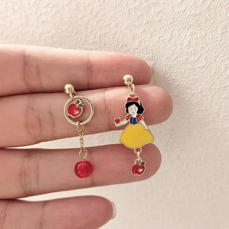 

S925 Silver Sweet Fairy Tales Earrings for Women Asymmetrical Cute Cartoon Red Apple Princess Girl Drop Earrings Jewelry