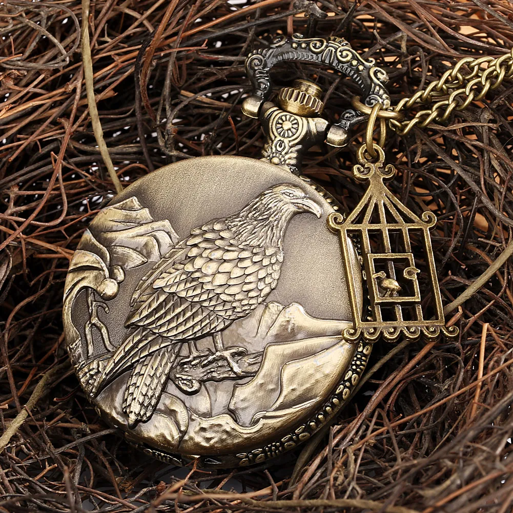

Vintage Pocket Watch with Accessory Cute Bird Pattern Bronze Pocket Watch Pendant Necklace Clock Arabic Numeral White Dial Clock