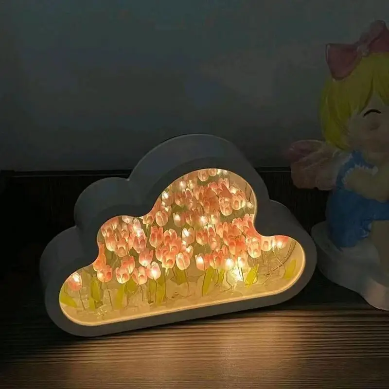 

Cloud Tulip Night Light Handmade DIY Material Flower Home Decor Mirror Creative Atmosphere Lamp Birthday Gift Valentine's Day