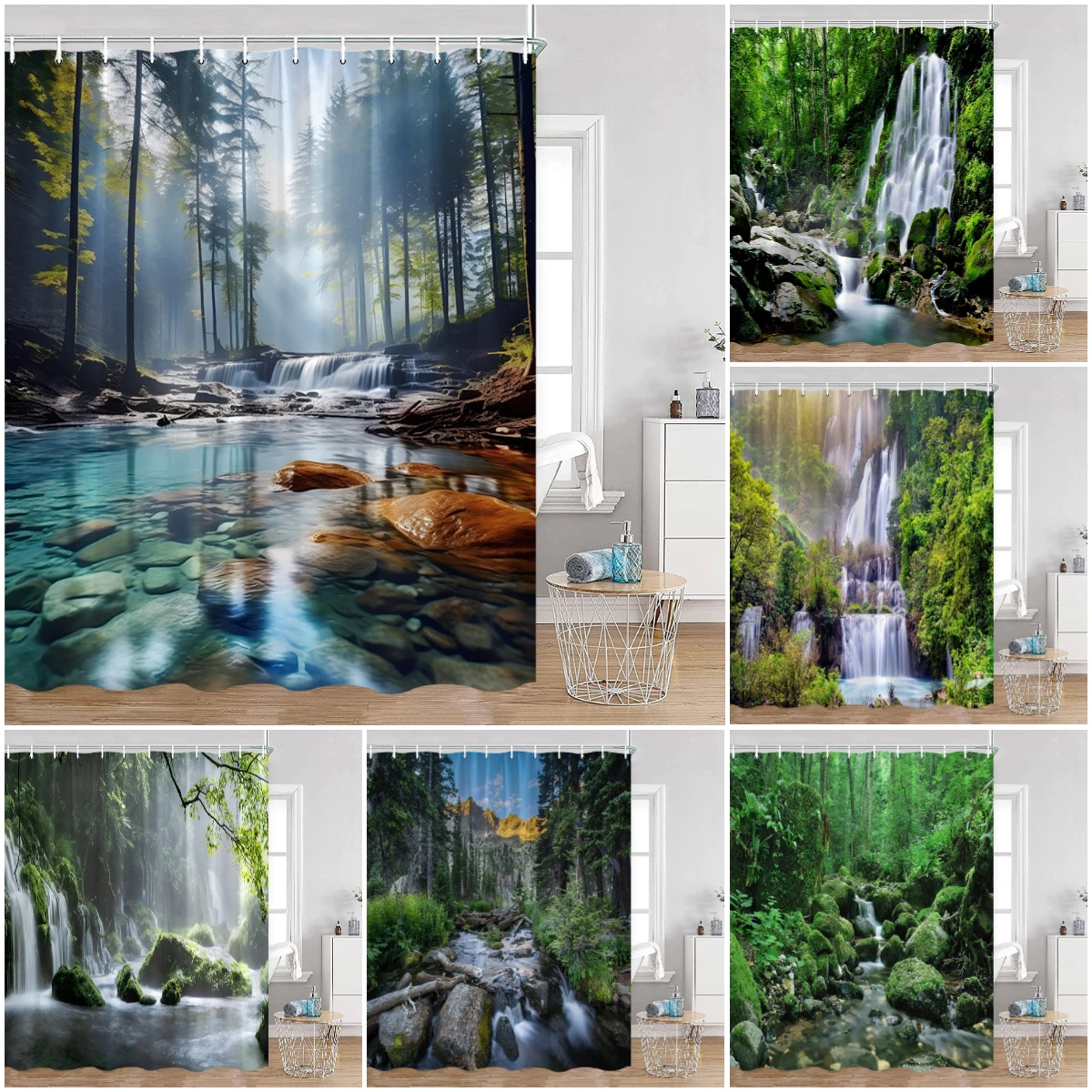 

Natural Landscape Shower Curtains Waterfall Forest Green Plants Nature Scenery Bathroom Decor Polyester Fabric Bath Curtain