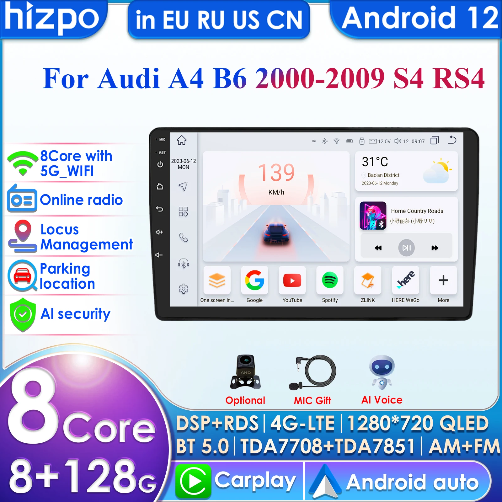 Автомобильный мультимедийный плеер 9 дюймов AI Carplay 4G 2Din Android для Audi A4 B6 2000-2006 S4 B7 RS4 Seat Exeo Авторадио GPS Навигация стерео
Автомобильный мультимедийный плеер 9 дюймов AI Carplay 4G 2Din Android для Audi A4 B6 2000-2006 S4 B7 RS4 Seat Exeo Авторадио GPS Навигация стерео