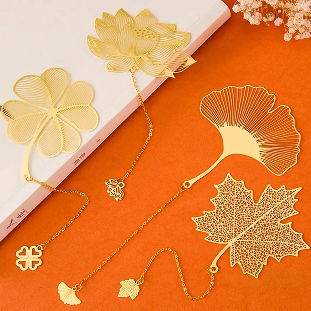 

Exquisite Hollow Metal Bookmarks Gold Color Leaf Vein Lotus Shape Book Marks With Tassel Stationery Student Reading Supplies