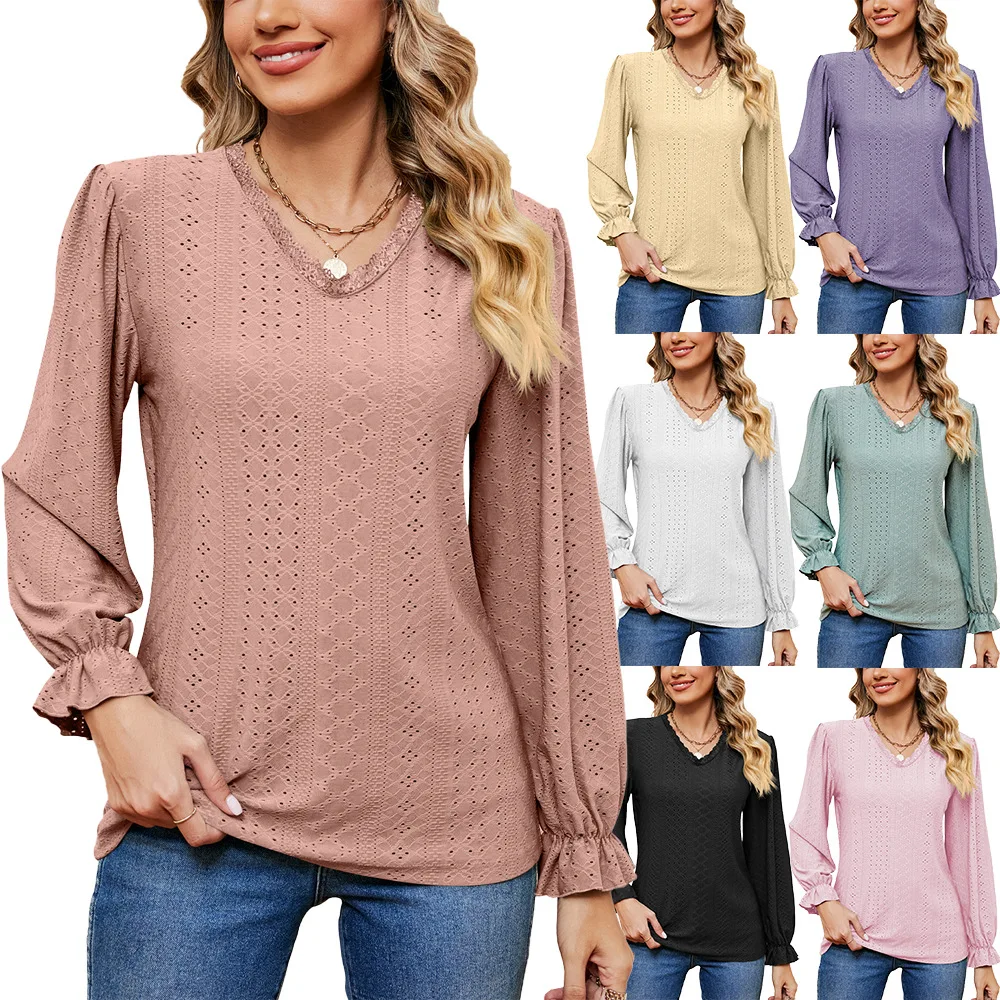 Trendy and Fashionable Autumn and Winter New Lace V-neck Solid Color Loose Fitting Long Sleeved T-shirt Top for Women
Trendy and Fashionable Autumn and Winter New Lace V-neck Solid Color Loose Fitting Long Sleeved T-shirt Top for Women