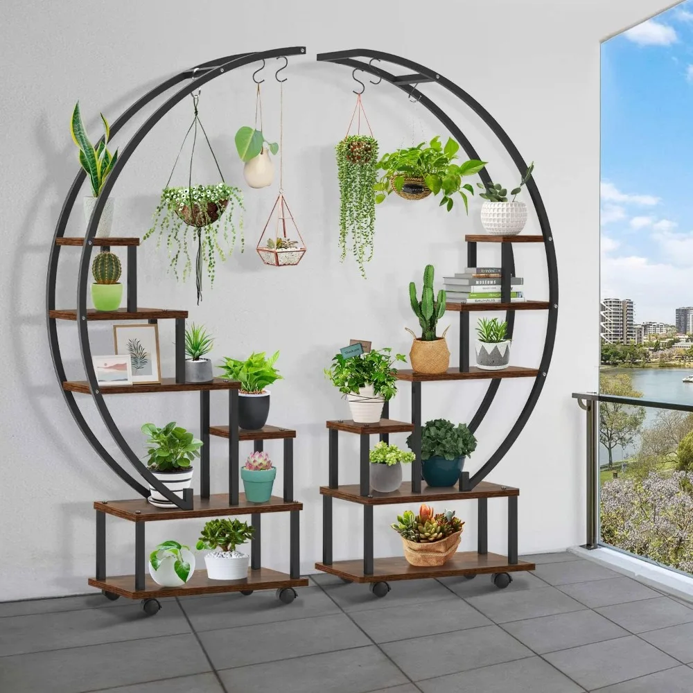 

2 Pcs 6 Tier Tall Metal Indoor Plant Stands with Hanging Loop,Half Moon Shaped Ladder Plant Shelf Holder, Flower Pot Stand