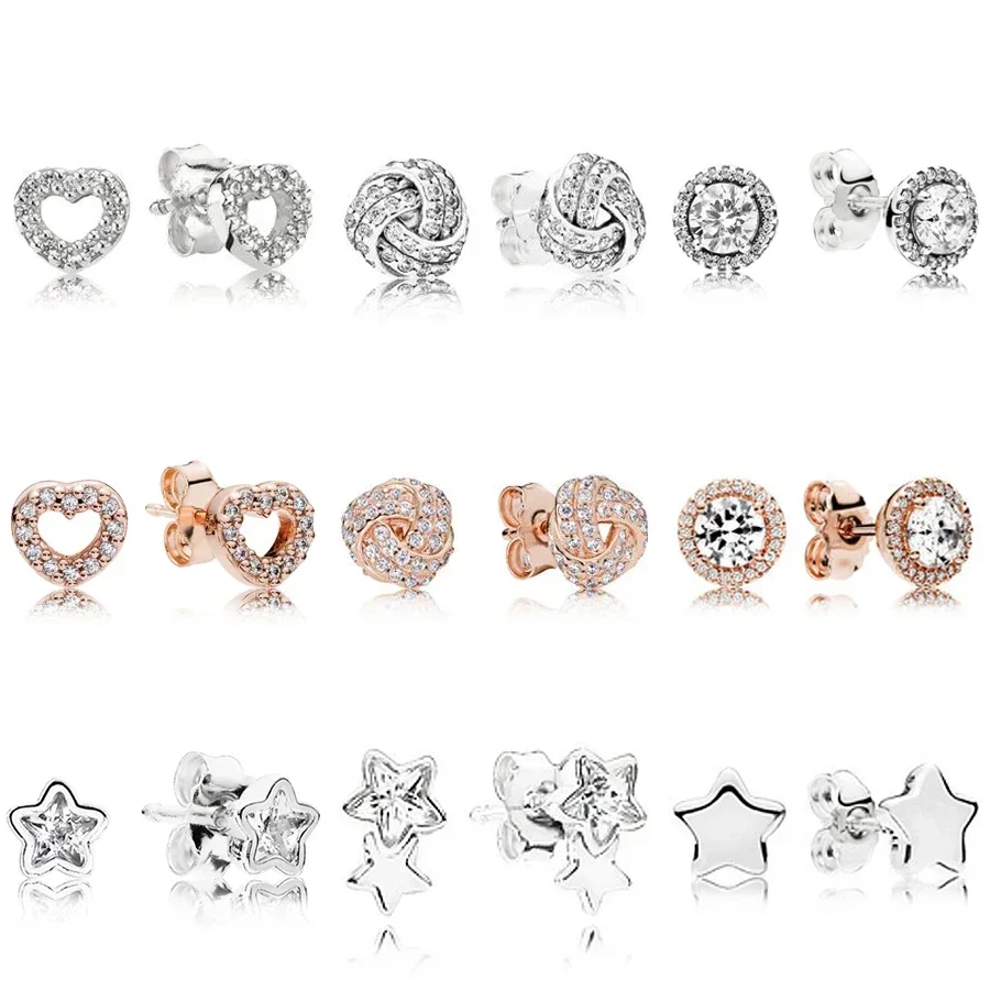 

NEW NEW 925 Sterling Silver Rose Sparkling Love Knot Heart Earrings Star & Classic Elegance Stud Earrings Fit DIY Jewelry