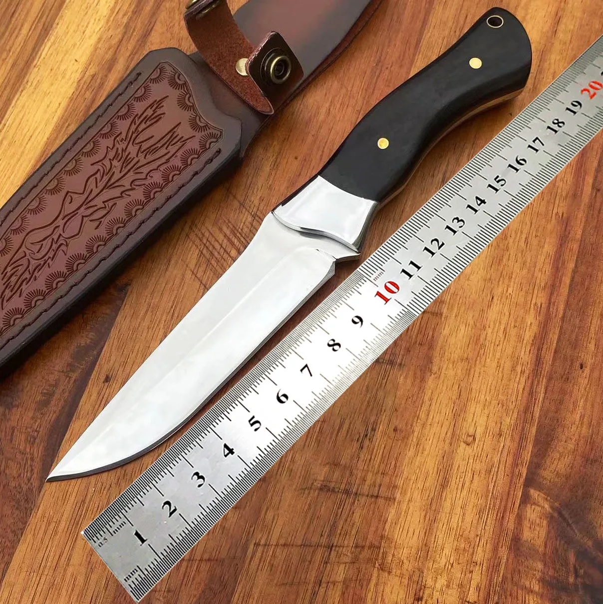 

Ebony Wood D2 Steel Fixed Blade Knife Outdoor Camping Survival Tactical Hunting Self Defense Knives for Men with Leather Case
