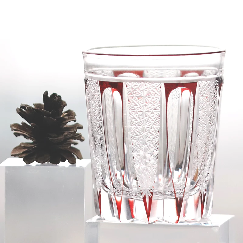 

11 oz 320 ml Luxury Edo Kiriko Style Red Cased Crystal Glass Old Fashion Tumbler With Hand Cut Strip And Chrysanthemum Mesh