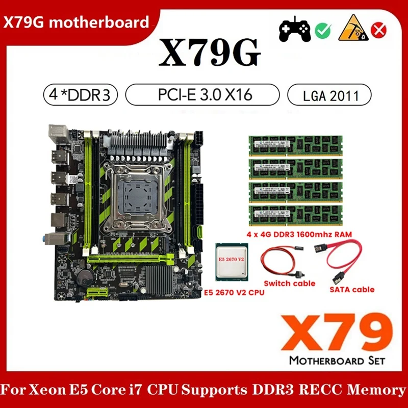 Материнская плата X79G LGA2011 + процессор E5 2670 V2 + ОЗУ 4X4G DDR3 + кабель переключения + кабель SATA поддержка M.2 NVME PCIE X16 6XUSB2.0 SATA3.0 
Материнская плата X79G LGA2011 + процессор E5 2670 V2 + ОЗУ 4X4G DDR3 + кабель переключения + кабель SATA поддержка M.2 NVME PCIE X16 6XUSB2.0 SATA3.0
