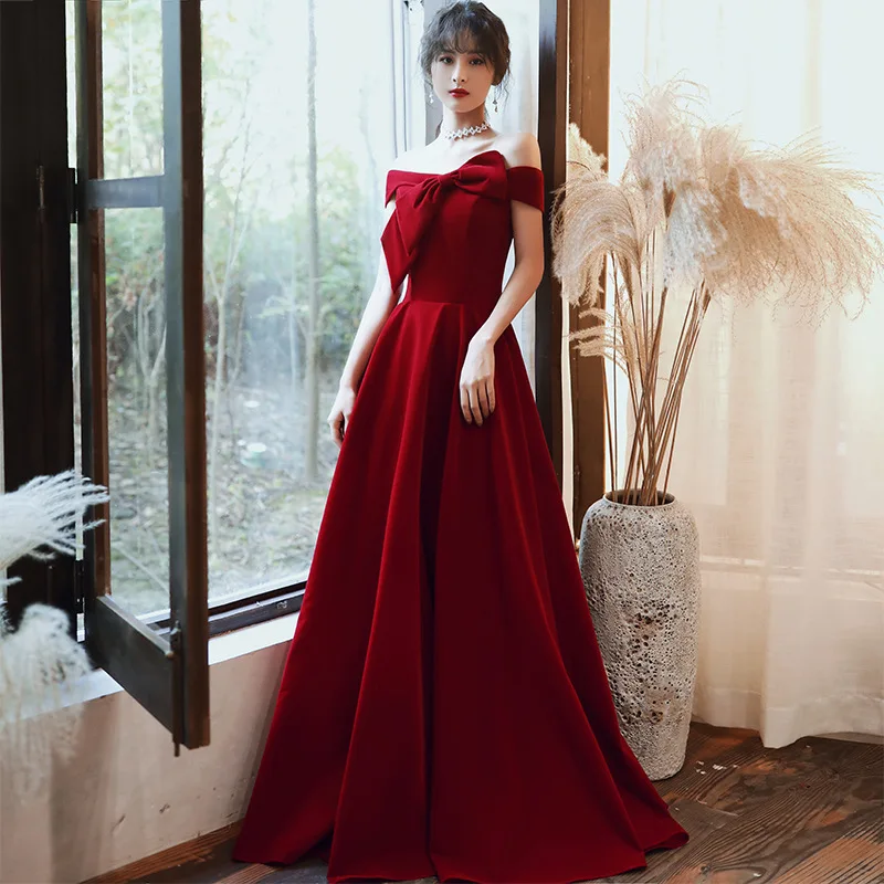 

Women Very Elegant Evening Dress Off Shoulder Bow Ladies Long Prom Solid Color Pageant Gown Young Girls Bridesmaid Wedding Dress