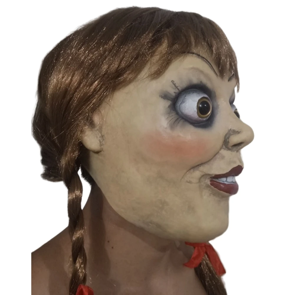 

Horror Halloween Annabelle Mask Ghost Doll Latex Full Head Mask with Wigs Scary Halloween Cosplay Party Costume Adult Props