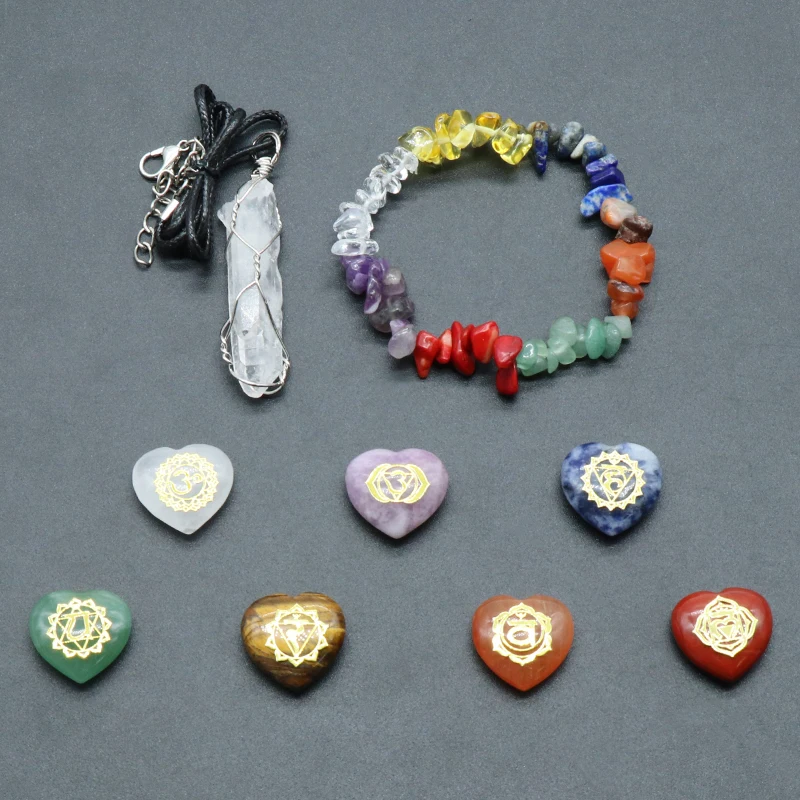 

7 Chakra Reiki Yoga Stone Set Natural Crystal Kit Amethyst Stone Healing Meditation Collection Gifts Necklace Bracelet Spiritual
