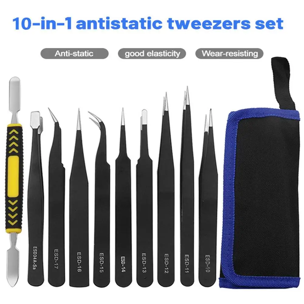 10pcs Stainless Steel Tweezers Set Anti-static Esd Maintenance Tools With Disassembly Crow Bar Canvas Bag
10pcs Stainless Steel Tweezers Set Anti-static Esd Maintenance Tools With Disassembly Crow Bar Canvas Bag