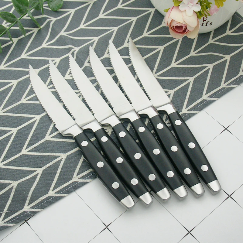 

4-10 шт. нож для стейка из нержавеющей стали, столовые ножи для чистки овощей, набор универсальных ножей для шеф-повара, мяса с мягкой пластиковой черной ручкой POM, 8,5 дюйма