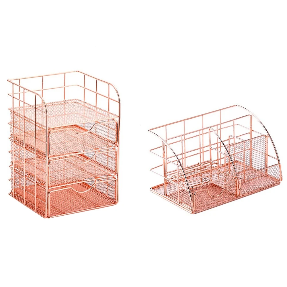 2 Pcs Rose Gold Desk Storage Box Creative Desktop Shelf with Drawer and Metal Mesh Pen Holder for Office School and Home
2 Pcs Rose Gold Desk Storage Box Creative Desktop Shelf with Drawer and Metal Mesh Pen Holder for Office School and Home