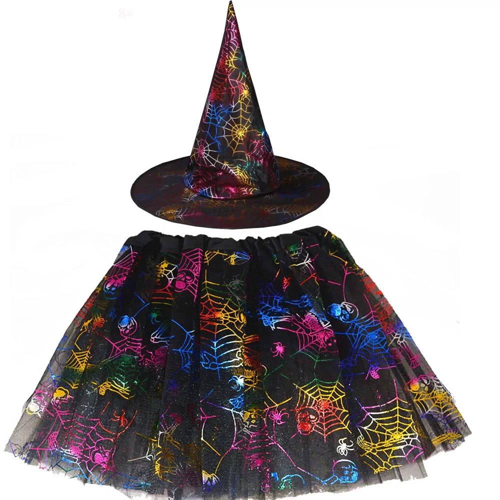 

Kids Girls Spider Web Tutu Cobweb Skirt Witch Wizard Hat Tulle Fancy Halloween Costume Carnival Birthday Party Outfits Festival