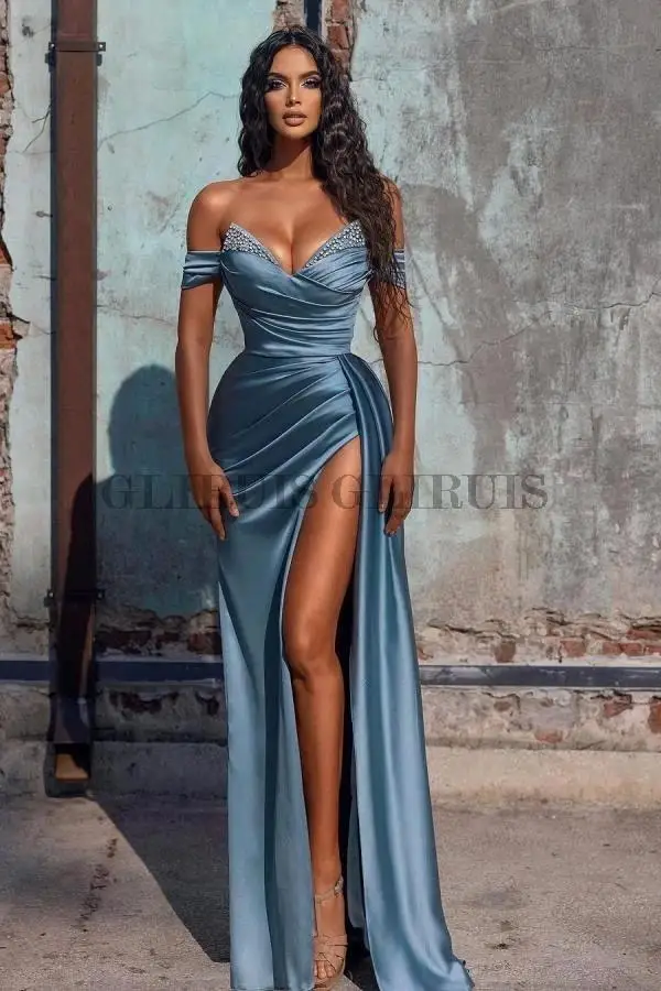 Sexy Side Slit Long Prom Dresses Beaded Abendkleider Satin Formal Evening Party Gowns With Off-Shoulder Straps
Sexy Side Slit Long Prom Dresses Beaded Abendkleider Satin Formal Evening Party Gowns With Off-Shoulder Straps