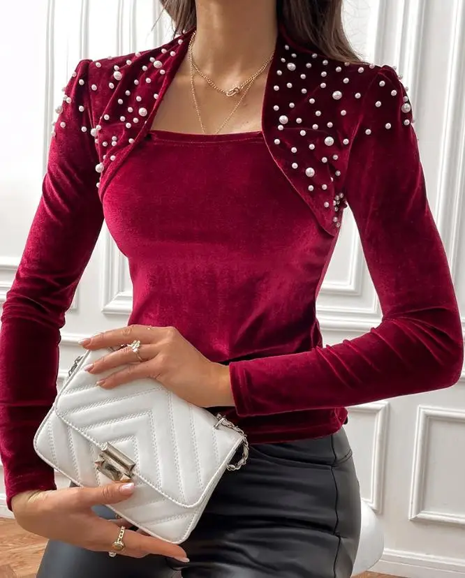 

Women's Casual Beaded Velvet Asymmetrical Neck Top New Female Clothes Temperament Commuting Laides Elegant Long Sleeve Blouses