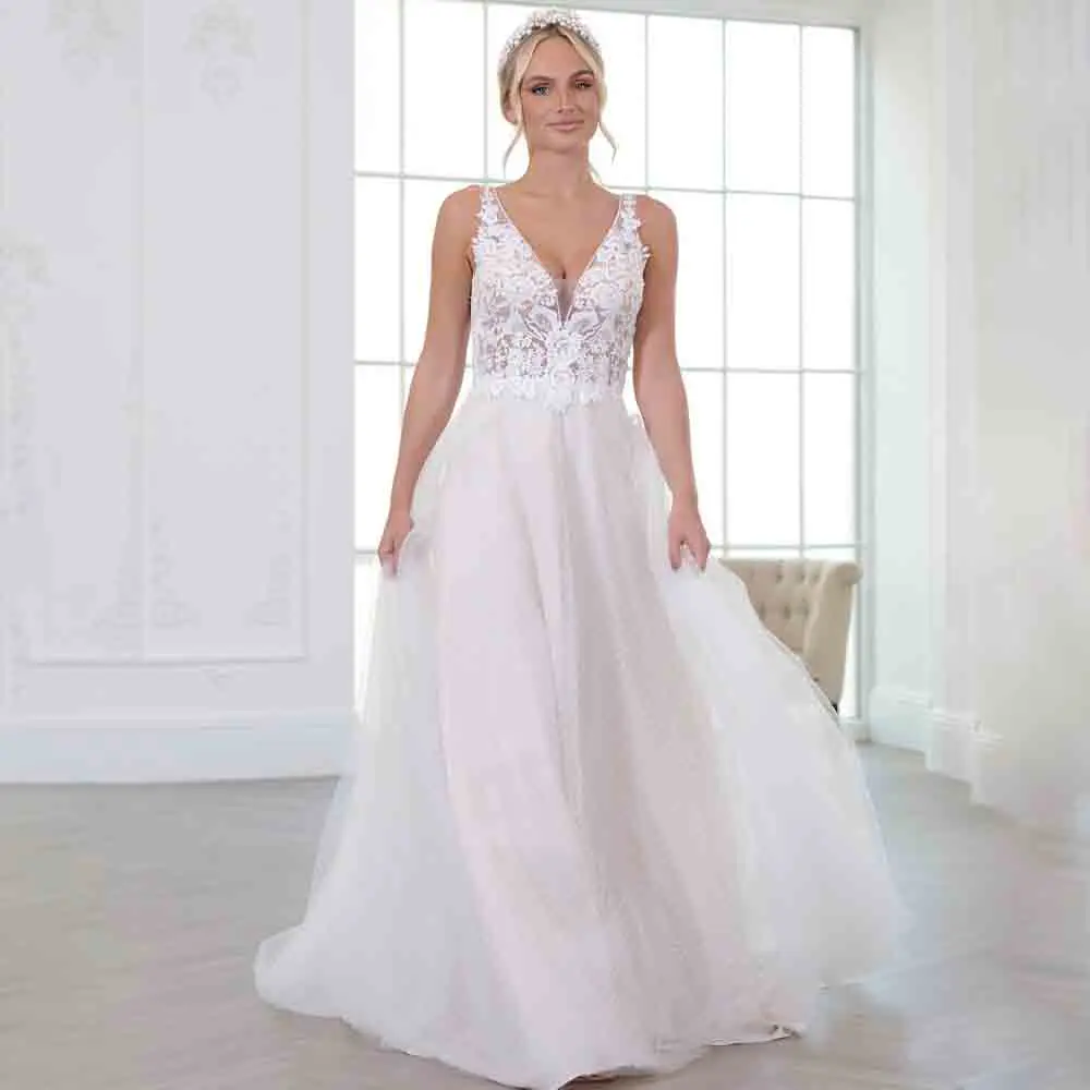 

Elegant V-neck Appliques Lace Tulle Wedding Dress A-line Court Backless Bridal Wedding Gown fro Women vestidos de novia 2024