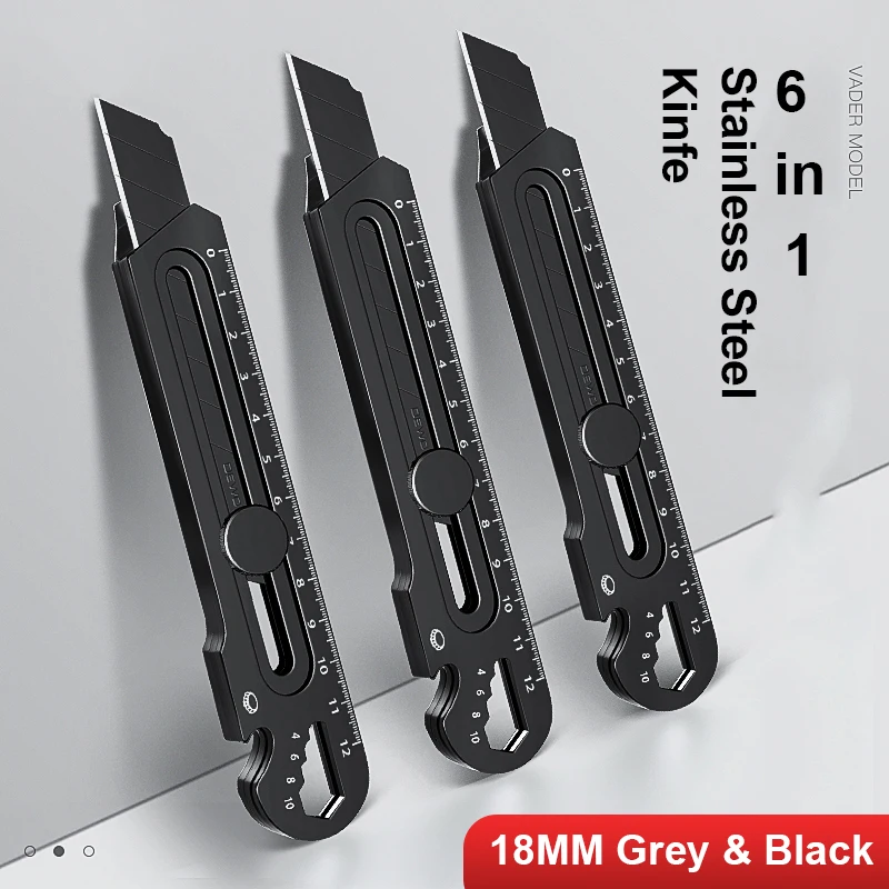 

6 in 1 Multifunctional Utility Knife 18MM Black/Silver нож канцелярия Estilete Cutter Aluminum Alloy Heavy Premium Stationery