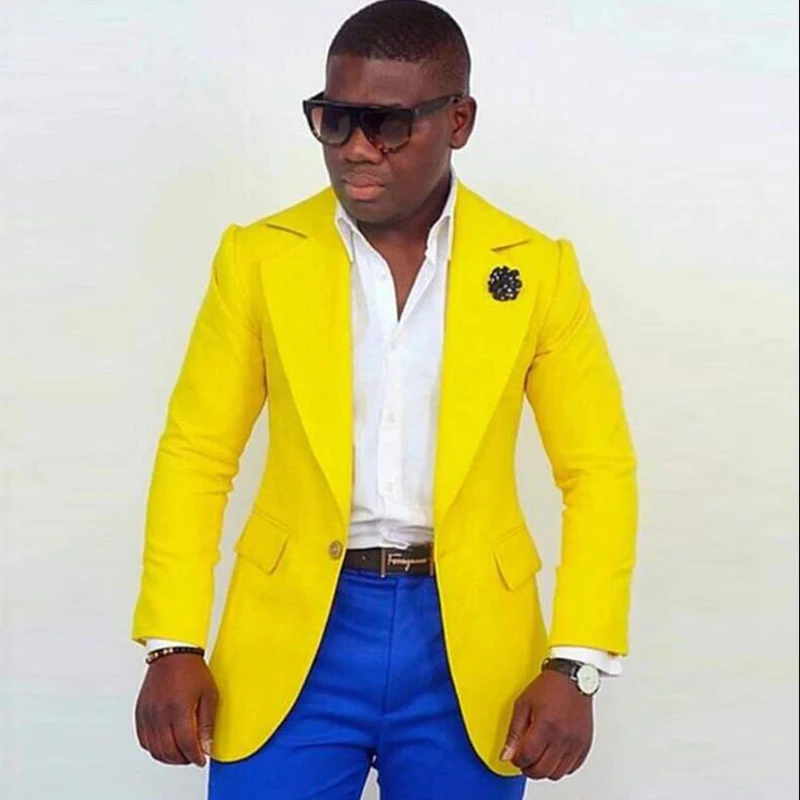 Yellow Prom Men Suits 2 Piece Slim Fit Wedding Tuxedo for Groomsmen with Royal Blue Pants Male African Fashion Clothes Jacket
Yellow Prom Men Suits 2 Piece Slim Fit Wedding Tuxedo for Groomsmen with Royal Blue Pants Male African Fashion Clothes Jacket