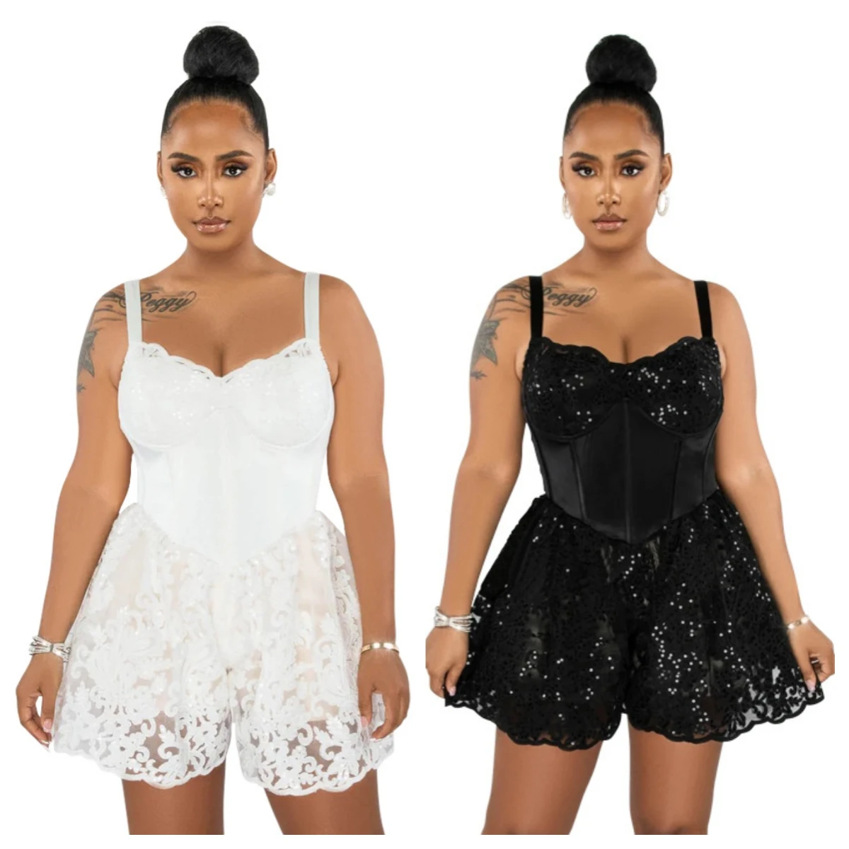 White Black Lace Sequins Corset Style Romper Glitter Adjustable Straps Waist Flutter Lace Hem Playsuits Night Out Wear
White Black Lace Sequins Corset Style Romper Glitter Adjustable Straps Waist Flutter Lace Hem Playsuits Night Out Wear