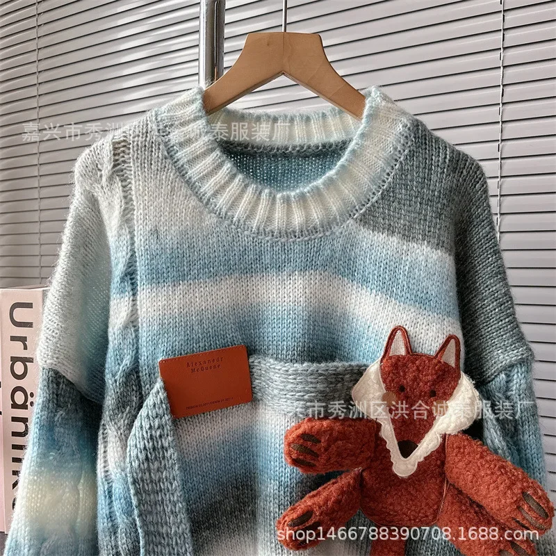 

Thick Warm Sweater Autumn and Winter Knitted Sweater Women O-neck Stripes Lazy Style Jumper Cute Fox Casual Basic Pullover Tops
