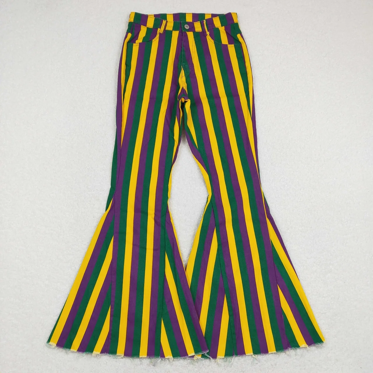 

Wholesale Mardi Gras Boutique Adult Women Stripes Denim Jeans Adjustable Bell Bottom Pants Pocket Trousers