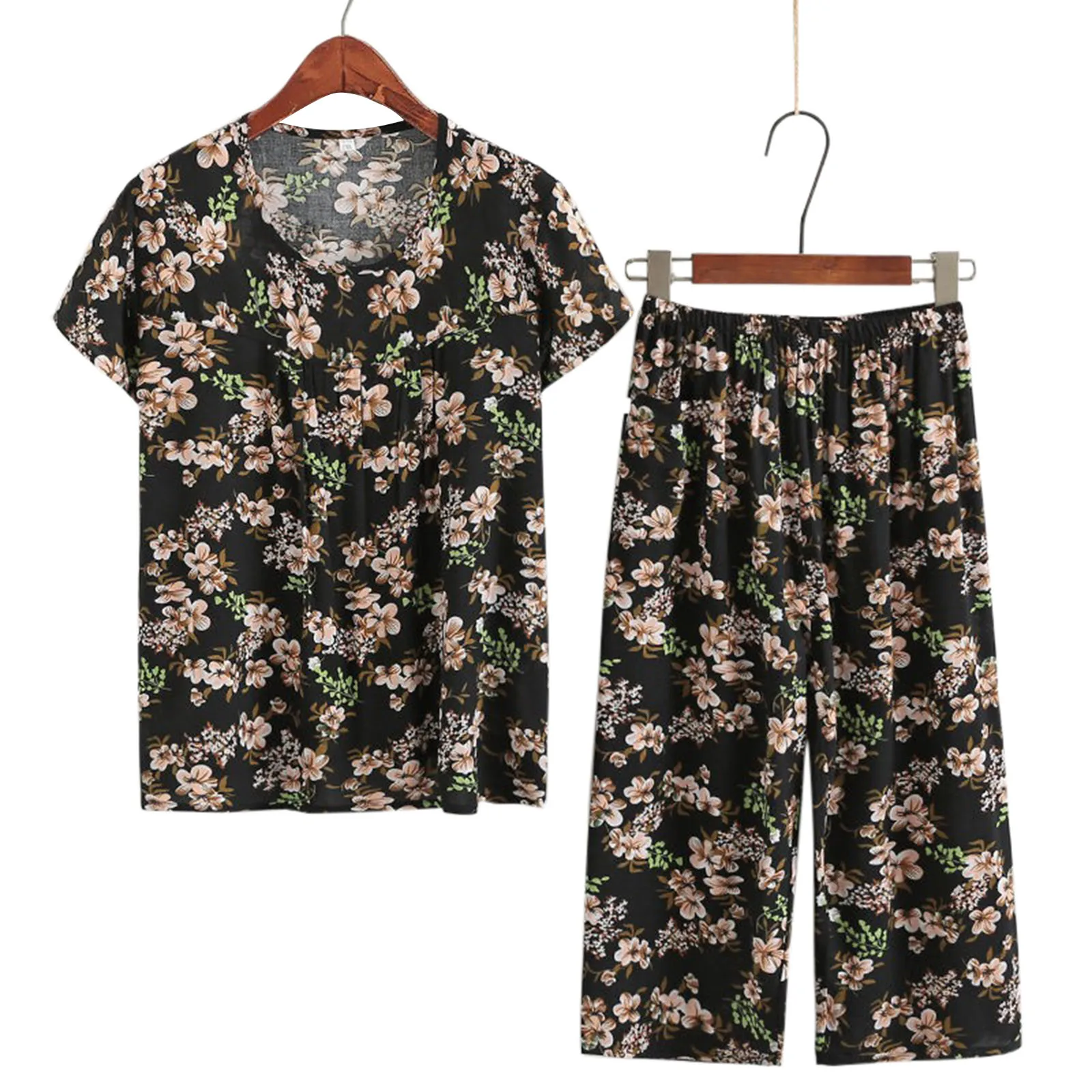 Suit For Women Summer Deep Floral Print Round Neck Short Sleeves With Wide Leg Pants Light Comfortable Casual Cotton Suits
Suit For Women Summer Deep Floral Print Round Neck Short Sleeves With Wide Leg Pants Light Comfortable Casual Cotton Suits