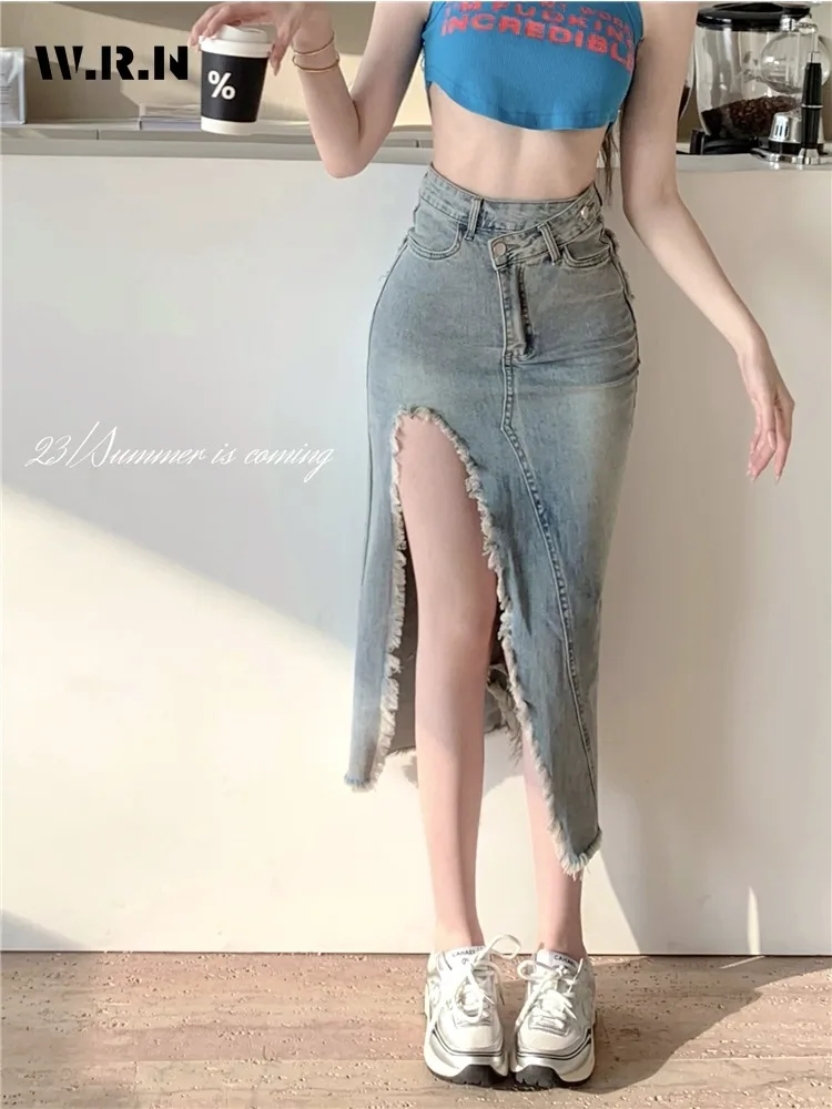 

2024 Spring Vintage High Street Harajuku Slim Fit Slit Denim Skirt Women's Grunge High Waist Y2K Retro A-Line Lady Sheath Skirt